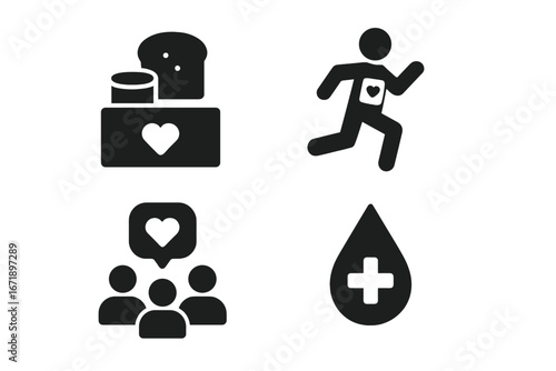 Social cause and charity solid glyph icon set. Includes food bank, charity run, community support and blood donation symbols. Volunteering and fundraising vector pictograms.