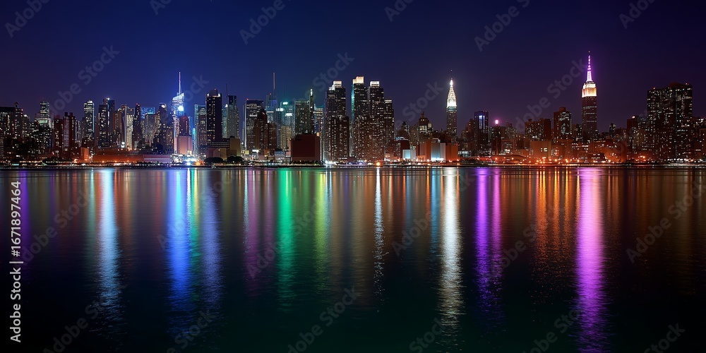 Naklejka premium Nighttime skyline view of a vibrant city with colorful reflections on a calm river