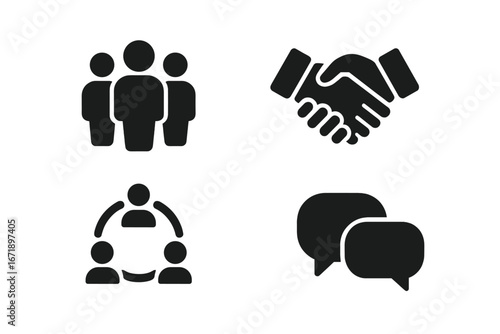 Social inclusion solid icon set. Vector glyphs for community, teamwork, handshake, communication. Business collaboration, group support, partnership, dialogue symbols.