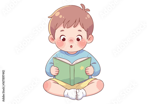 Young boy surprised while reading a book sitting on the floor