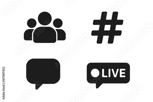 Social media solid glyph icon set. Vector collection of modern minimal symbols for applications and websites. Includes follower group, hashtag, comment bubble, and live stream.