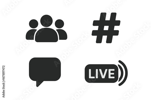 Social media icon set. Solid filled glyph icons for web and app design. Vector symbols for followers, user group, community, hashtag, comment, message, and live stream video.