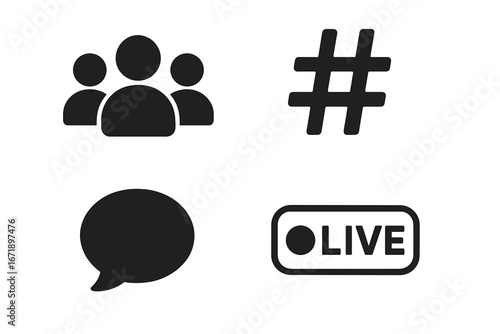 Vector social media icon set. Black solid glyph pictogram collection. Includes user group, followers, community, hashtag, comment bubble, and live stream button for UI UX design.