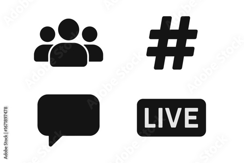 Social media solid glyph icon set. Vector symbols for community followers, user group, hashtag, comments, and live stream. Concept for web, app, UI, UX, and marketing.