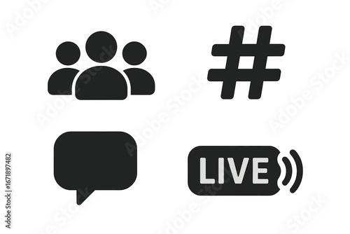 Social media solid glyph icon set. Followers, avatar, user group, community, hashtag, comment, message, and live stream button. Black vector symbols for web and mobile apps.