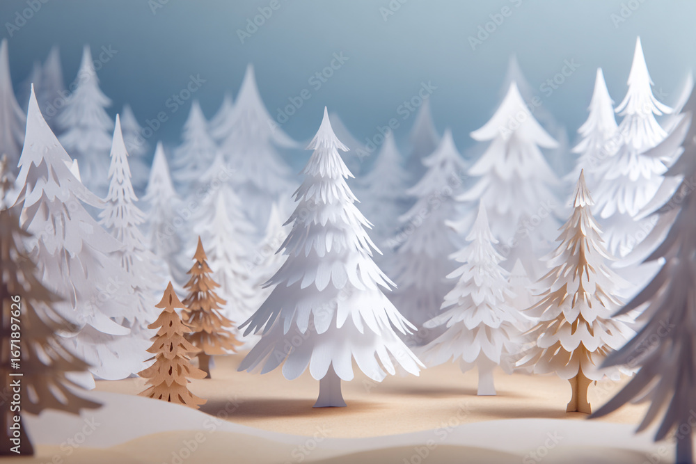 Obraz premium Paper cutout winter forest scene with white and brown trees a snowy landscape