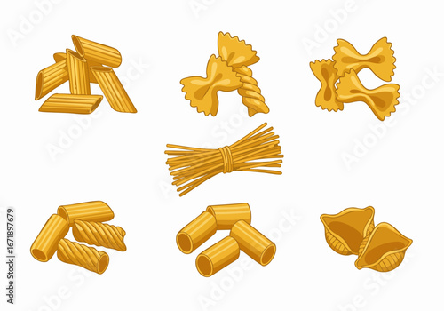 Assorted pasta types illustration set, featuring popular Italian dry noodles like penne, farfalle, fusilli, rigatoni, spaghetti, and conchiglie, on a white background.