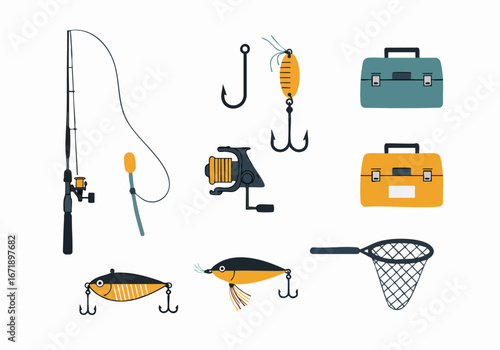 A comprehensive collection of fishing gear, including rods, reels, lures, hooks, tackle boxes, and a landing net, isolated on a white background.