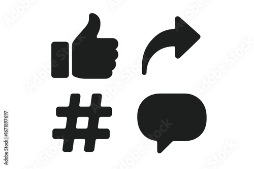Social media vector icons set, thumbs up like button, share arrow, hashtag label, comment message bubble, solid black silhouette icons, digital marketing, content engagement, isolated
