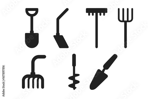 Solid filled vector icon set of gardening and agricultural soil tools including spade, hoe, rake, pitchfork, hand tiller, soil auger, and trowel. Black silhouette illustration collection