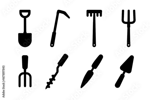 Black Silhouette Agricultural Soil Tool Icons Set. Spade, Hoe, Rake, Pitchfork, Hand Fork, Soil Auger, Garden Trowel. Solid Vector Illustrations for Gardening, Farming, Landscaping Design