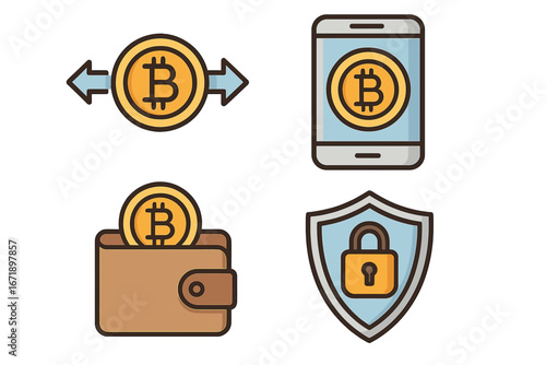 Set of Bitcoin cryptocurrency icons. Digital currency transaction, mobile payment, secure e-wallet storage and financial protection concept. Fintech and blockchain technology vector.