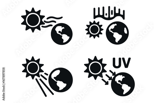 Solid Filled Sun Earth Interaction Icon Set. Solar Wind, Aurora Borealis Effects, Sunbeam Strikes, Ultraviolet UV Radiation Impact. Astronomy, Physics, Science Education Vector Illustration