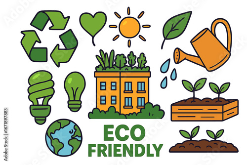 Eco friendly icon set for sustainable living. Green concept with urban gardening, recycling, planet earth, green roof, solar energy, and water conservation. Vector icons.