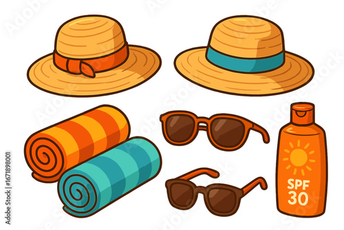 Summer beach accessories set. Vector cartoon illustration of essential items for a vacation. Sun protection concept with hat, sunglasses, towel and sunscreen. Isolated clip art.