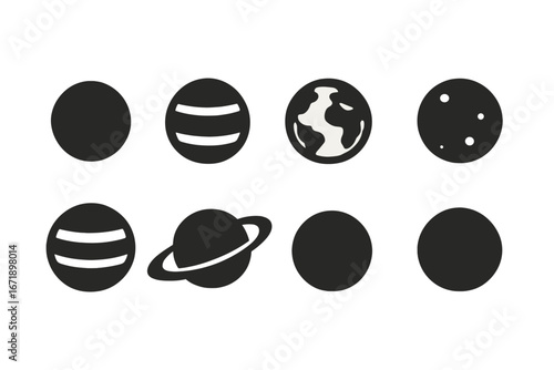Solar System Planet Icons. Solid Filled Vector Symbols for Mercury, Venus, Earth, Mars, Jupiter, Saturn, Uranus. Minimalist Astronomical Illustrations, Space Science, Galaxy, Astronomy Design Elements