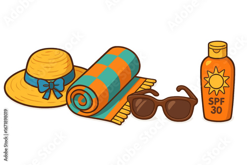 Beach accessories vector set for summer vacation. Sun protection items illustration. Straw hat, sunglasses, rolled towel, sunscreen lotion. Holiday travel essentials cartoon icon.