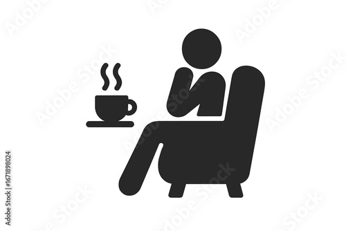 Solitary reflection icon vector, person relaxing with steaming tea cup, sitting on cozy armchair, mindfulness, relaxation concept, leisure time, calm mood, stress relief, self care, tranquil