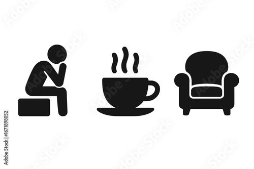 Solitary reflection icons vector set. Person contemplating alone sitting on bench, steaming tea cup, cozy armchair. Mindfulness, self-care, relaxation, comfort, mental health concept illustration