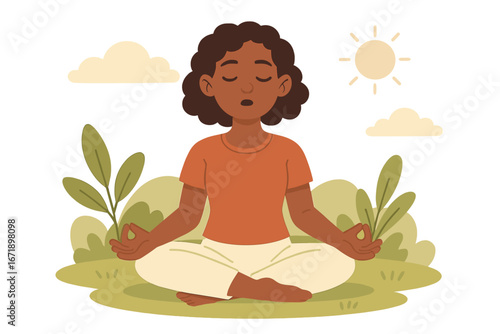 Black woman meditating in nature. Mindfulness and relaxation concept. Yoga lotus pose for mental health and well-being. Serene breathing exercise cartoon vector illustration.