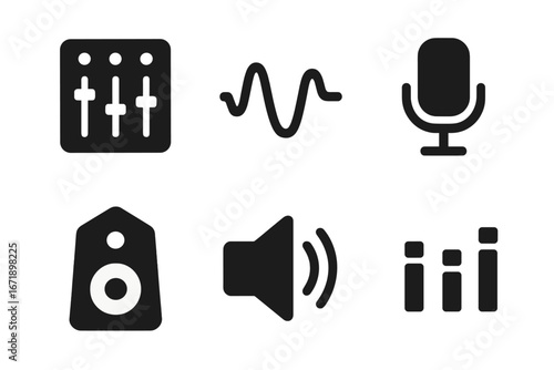 Sound design icons set. Solid filled vector symbols of audio mixer, waveform, microphone, speaker, volume control, equalizer. Music production equipment and audio technology tools illustration