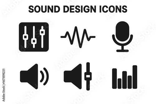 Sound design and audio engineering solid icon set. Vector illustrations of mixer, equalizer, waveform, microphone, speaker, volume adjustment, audio control, music production tools, black symbols.