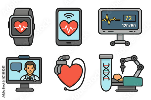 Health tech icon set. Modern medical innovations for monitoring. Vector illustration. Telemedicine, digital health, robotic surgery, cardiology, e-health and healthcare concept.