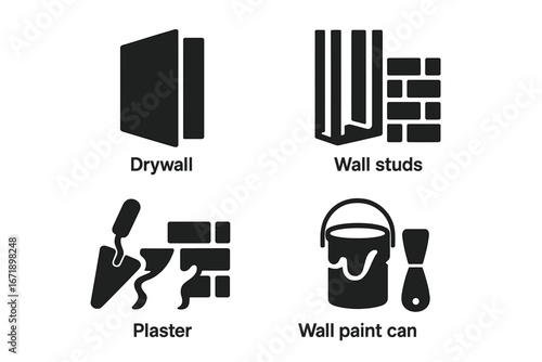 Wall construction solid icon set. Vector symbols for building, repair and renovation. Drywall, wall studs, plastering, and painting. Home improvement materials glyphs.