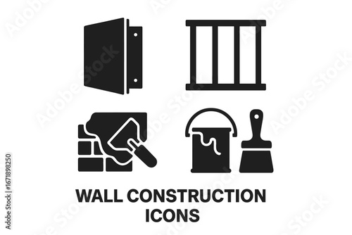 Wall construction icons. Building and renovation icon set. Solid glyphs for home improvement. Drywall, plaster, wall studs, frame, paint, brush, trowel, finishing vector.