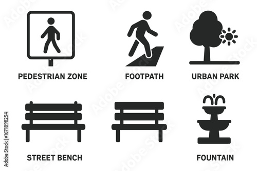 Walkable city icon set. Solid glyphs for urban design and city infrastructure. Pedestrian zone sign, footpath, park, street bench, and fountain. Public space vector symbols.