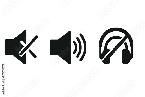 Sound suppression icons set. Mute button, volume off, sound on, noise canceling headphones. Audio control symbols. Black solid vector icons for silent mode, music, media, silence, technology concept