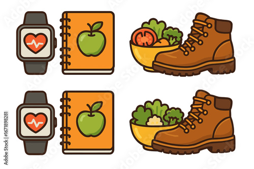 Healthy active lifestyle icon set. Smartwatch heart rate monitor, food diary with apple, salad bowl, hiking boot. Fitness, nutrition, diet plan concept. Vector illustration.