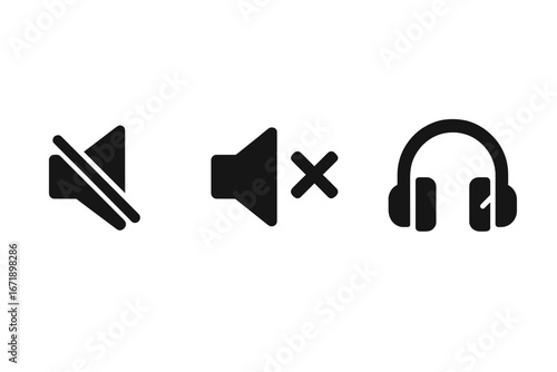 Sound suppression icons set. Solid filled vector mute button, volume off, silent audio, no sound, noise canceling headphones. Speaker mute technology symbols for UI UX app interface