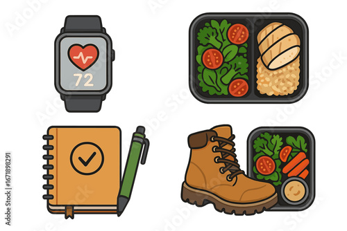 Healthy lifestyle vector icon set. Health-focused accessories with smartwatch, meal prep container, hiking boots, and planner. Fitness, diet, and outdoor activity concept.