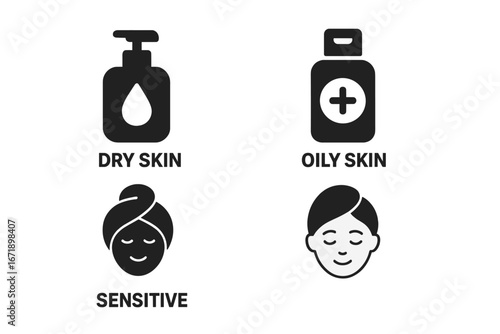 Skin Care Icons Set for Dry, Oily, Sensitive Skin Types. Solid Spa Essentials Symbols. Lotion, Cleanser, Face Treatment, Beauty Routine Elements. Vector Illustration for Wellness, Cosmetic Products