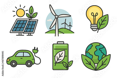 Green energy icon set. Sustainable technology concept. Eco friendly power. Solar panel, wind turbine, electric car, renewable battery. Ecology conservation illustration.