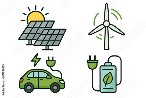 Sustainable energy icon set. Green technology vector illustrations. Solar panel, wind turbine, electric car charging station and eco battery. Renewable energy concept cartoon.