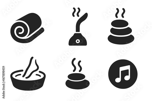 Spa Wellness Relaxation Icons Set. Solid Vector Illustration of Rolled Towel, Facial Steamer, Hot Stones, Foot Basin, Aromatherapy, Music Note. Beauty Treatment, Massage, Spa Elements