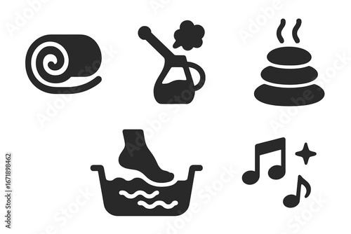 Spa icon set vector. Solid filled symbols of wellness and relaxation: rolled towel, facial steamer, hot stones, foot bath, calming music. Massage therapy, beauty salon, health care concepts.