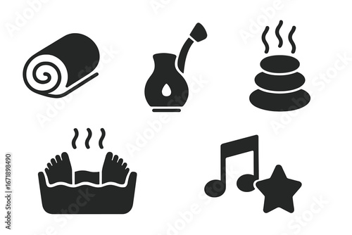 Spa Relaxation Icons Set. Rolled Towel, Aromatherapy Diffuser, Hot Stone Massage, Warm Foot Bath, Calming Music, Wellness Treatment Symbols. Vector Illustration for Spa, Massage, Wellness Center