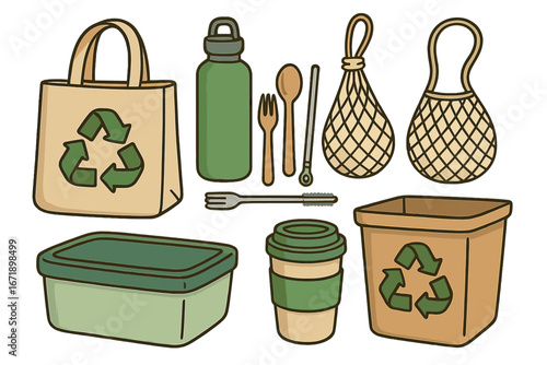Eco friendly zero waste vector set for sustainable living. Reusable items like tote bag, coffee cup, water bottle, and lunch box. Concept for ecology and plastic free life.