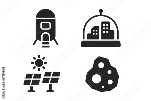 Space Colonization Icons Set. Futuristic Solid Vector Illustrations of Space Habitat, Domed City, Solar Energy Farm, Asteroid Mining, Space Settlement Technology, Colony Infrastructure