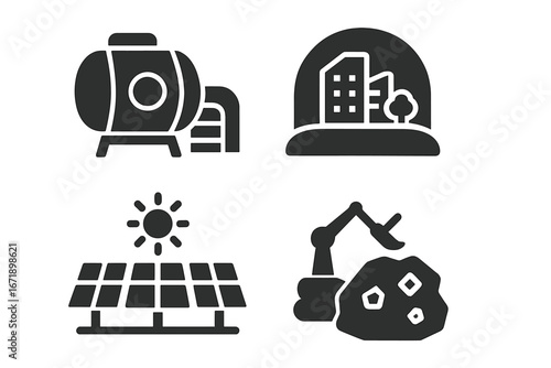Space Colonization Icons Set. Solid Vector Illustrations of Future Space Colony Infrastructure: Domed City, Space Habitat, Solar Power Plant, Resource Extraction, Industrial Technology, Space Mining