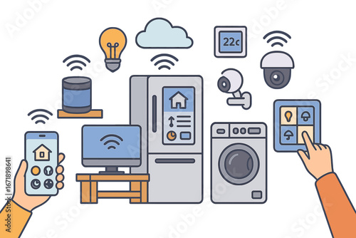 Smart home technology vector concept. Internet of Things (IoT) illustration. Home automation system with connected devices. Remote control via smartphone. Household appliances.