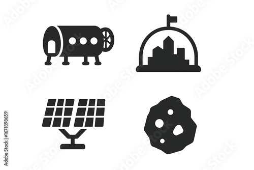 Space Colonization Icons Set. Solid Vector Symbols of Future Space Habitat, Domed City, Asteroid Mining, Solar Farm, Mars Base, Lunar Colony, Extraterrestrial Resources, Moon, Science, Technology