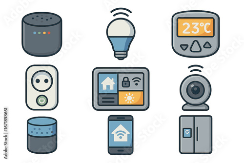 Smart home vector icon set. Internet of things automation concept. Collection of house gadgets and appliances like speaker, camera, lightbulb, thermostat, plug, refrigerator.