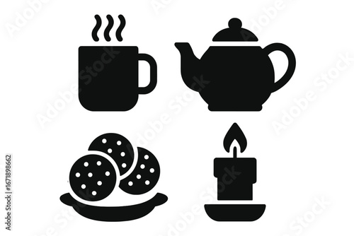 Warm cozy hygge icons. Solid glyph vector set. Winter comfort symbols: hot drink mug, teapot, cookies, candle. Relaxation and accessories concept for autumn and cold season.