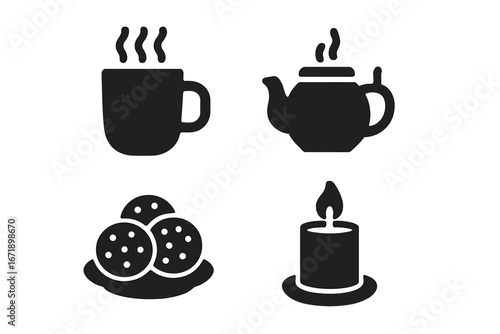 Hygge lifestyle icon set. Warm cozy winter symbols. Hot drink, tea mug, coffee, teapot, cookies, candle flame. Simple black glyph silhouette vector for comfort food.
