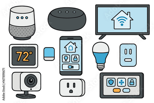 Smart home devices vector icon set. Home automation system with smart speaker, security camera, thermostat, and lightbulb. Internet of Things (IoT) technology concept.