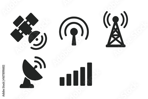 Space Communication Vector Icons Set. Satellite, Antenna, Signal Tower, Radio Wave, Data Transmission, Wireless Connection, Network, Telecommunication Symbols for Technology Concept Isolated